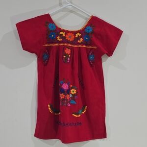 Vintage Mexican Girls Red Floral Embroidered Fiesta Cotton Shift Dress 6